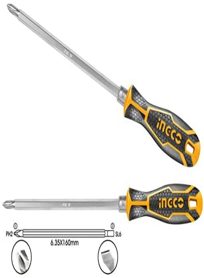 Ingco 2 IN 1 Screwdriver Set, CR-V | 6.35X160MM, PH2+SL6, Screwdriver Kit for Home Use, Screwdriver with Hanging Hole Design with 1pcs Interchangeable Handle - Image 3